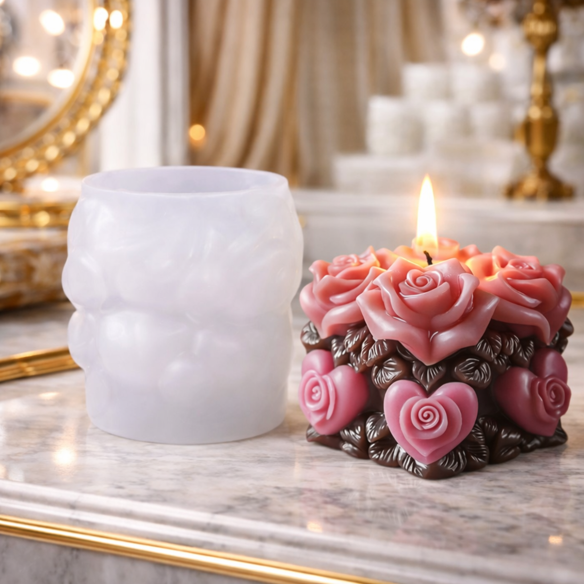 Heart & Rose Cluster Candle Silicone Mold